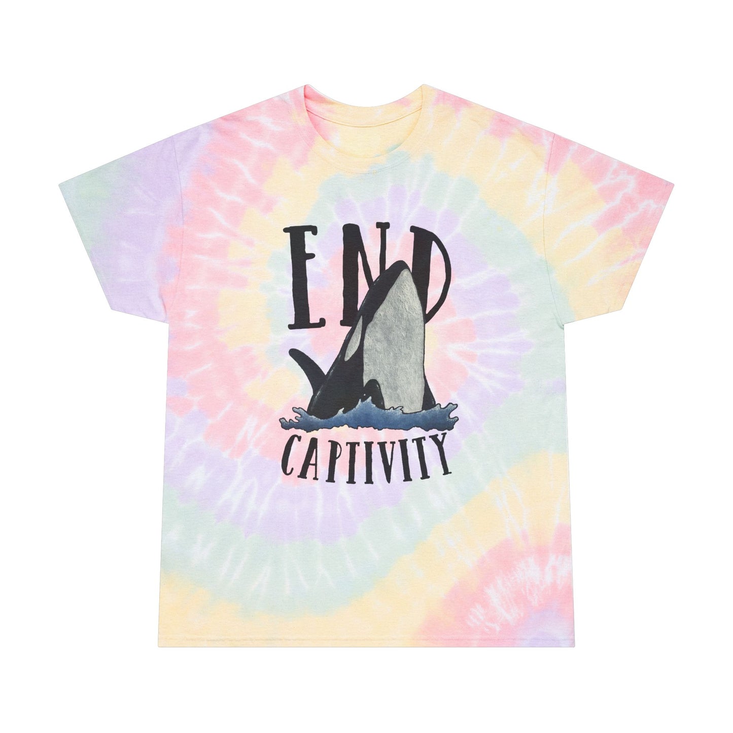Orca End Captivity Tee. Conservation Apparel. Rainbow Spiral Tie Dye.