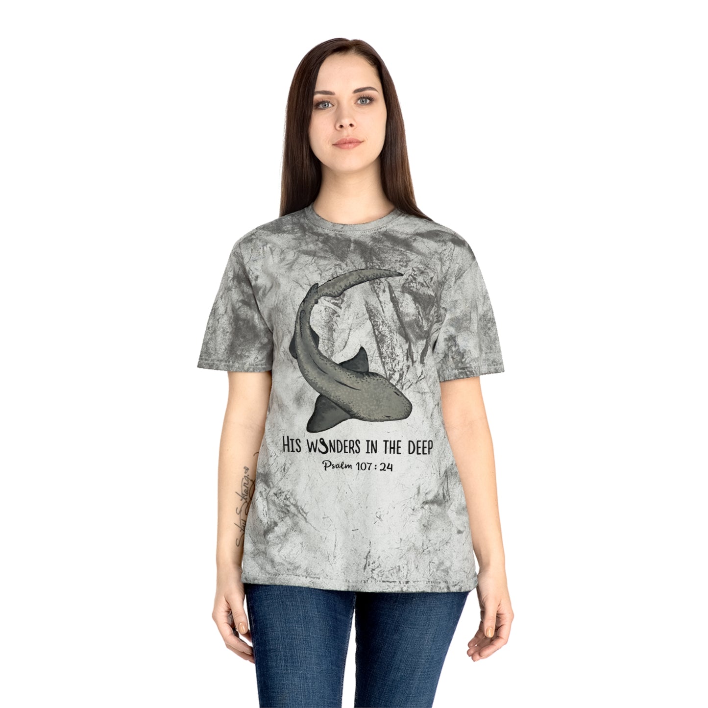 Nurse Shark Bible Verse Tee. Christian Apparel. Color Blast Dye. Psalm 107:24.