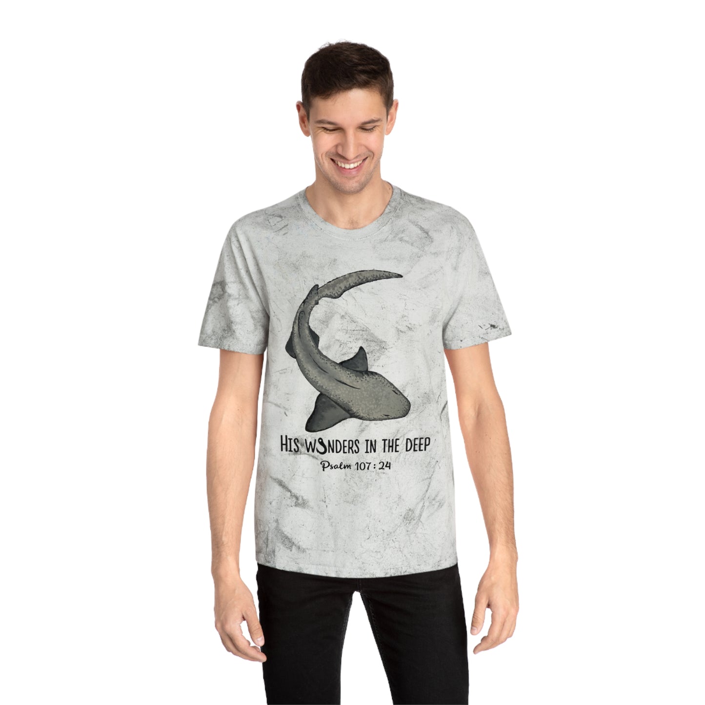 Nurse Shark Bible Verse Tee. Christian Apparel. Color Blast Dye. Psalm 107:24.