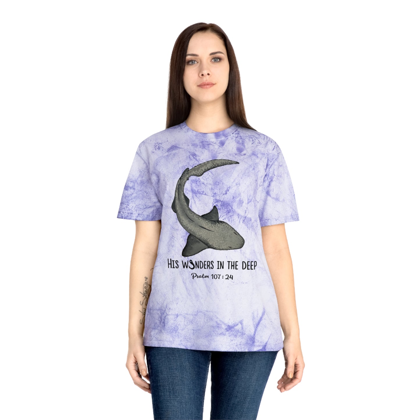 Nurse Shark Bible Verse Tee. Christian Apparel. Color Blast Dye. Psalm 107:24.
