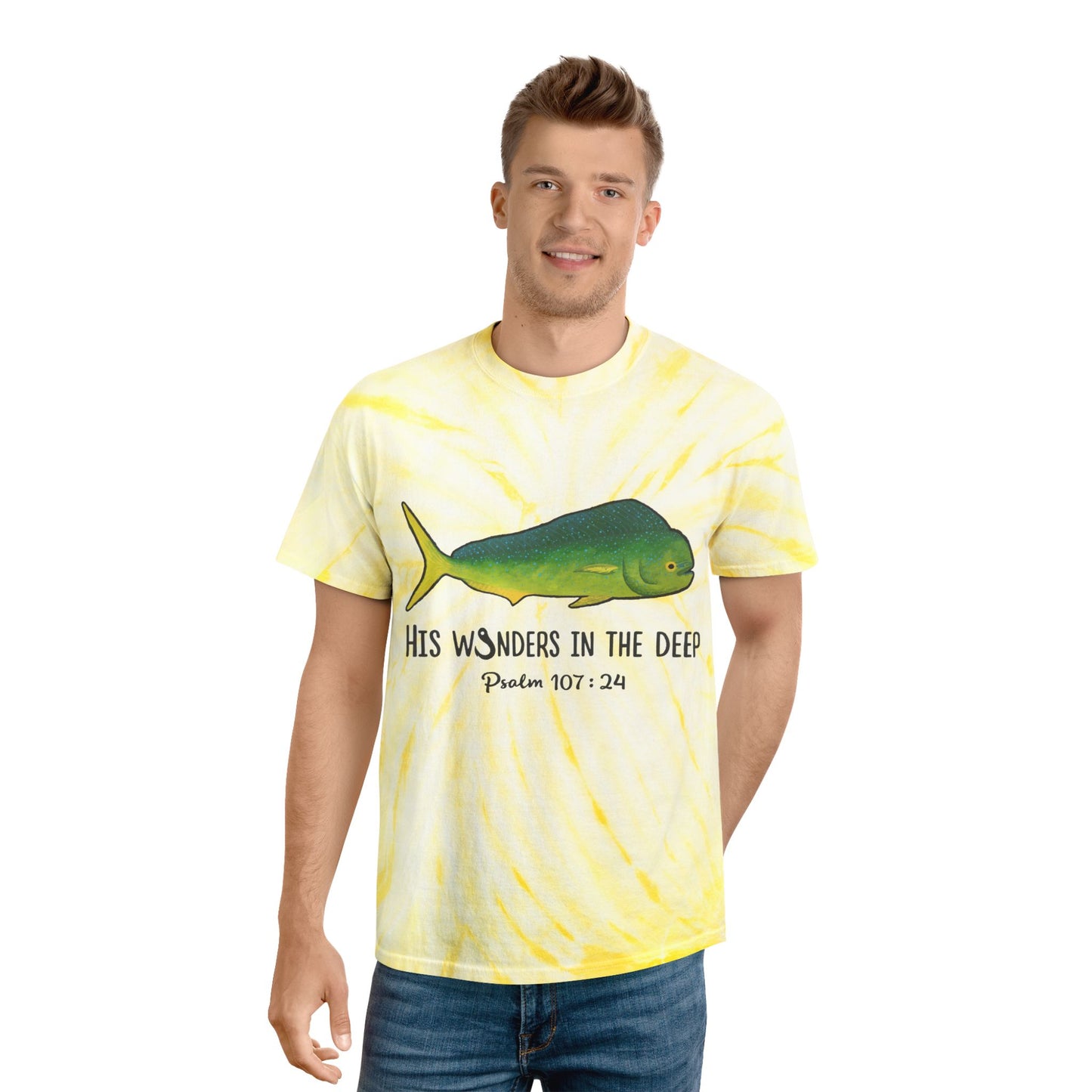 Mahi Mahi Bible Verse Tee. Christian Apparel. Cyclone Tie Dye. Psalm 107:24.