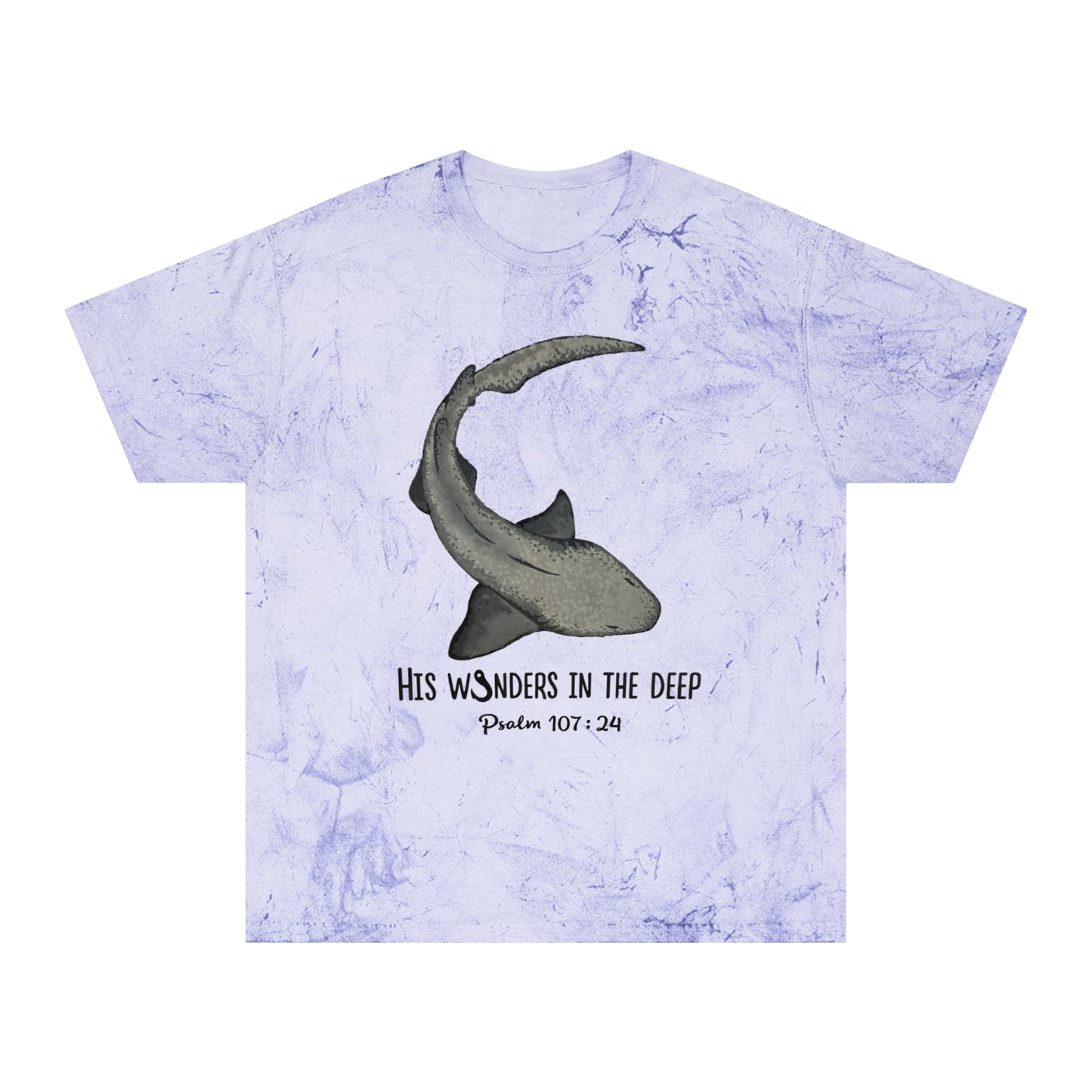 Nurse Shark Bible Verse Tee. Christian Apparel. Color Blast Dye. Psalm 107:24.