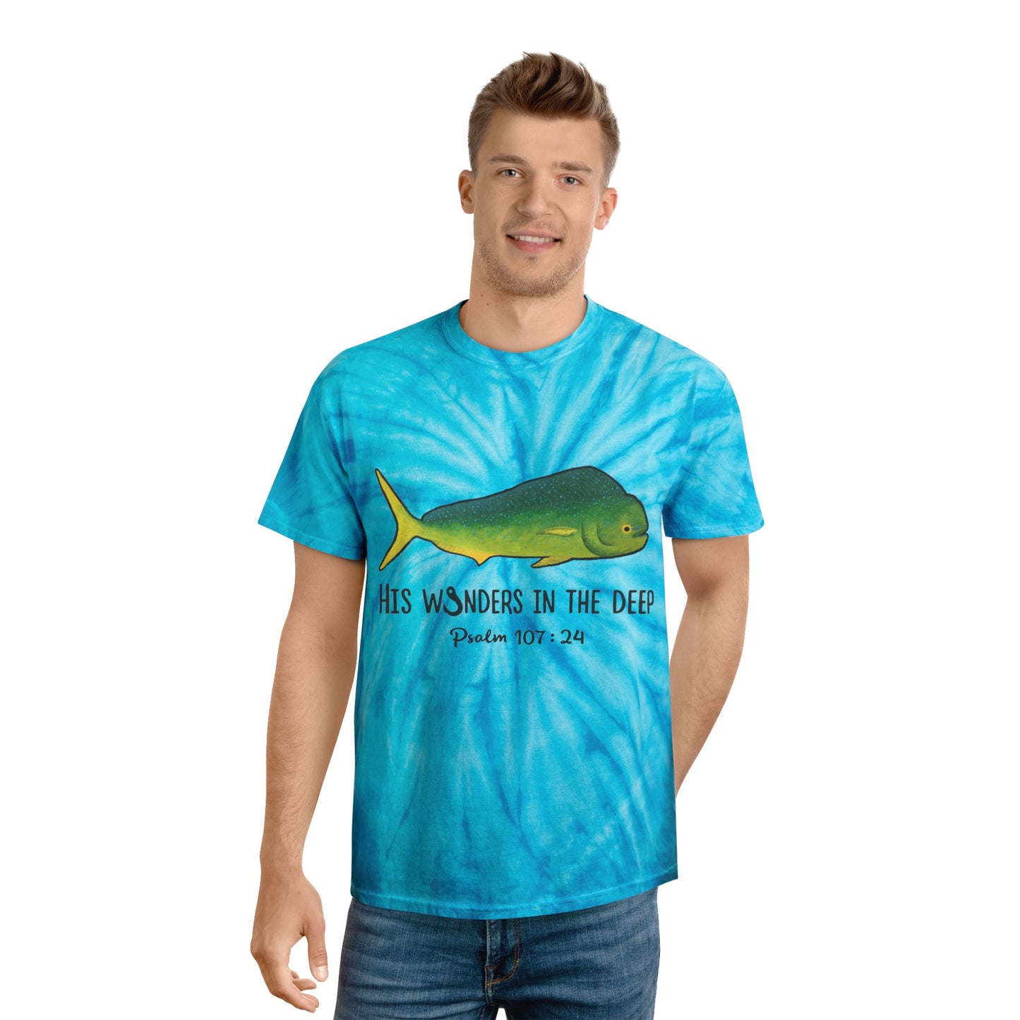 Mahi Mahi Bible Verse Tee. Christian Apparel. Cyclone Tie Dye. Psalm 107:24.