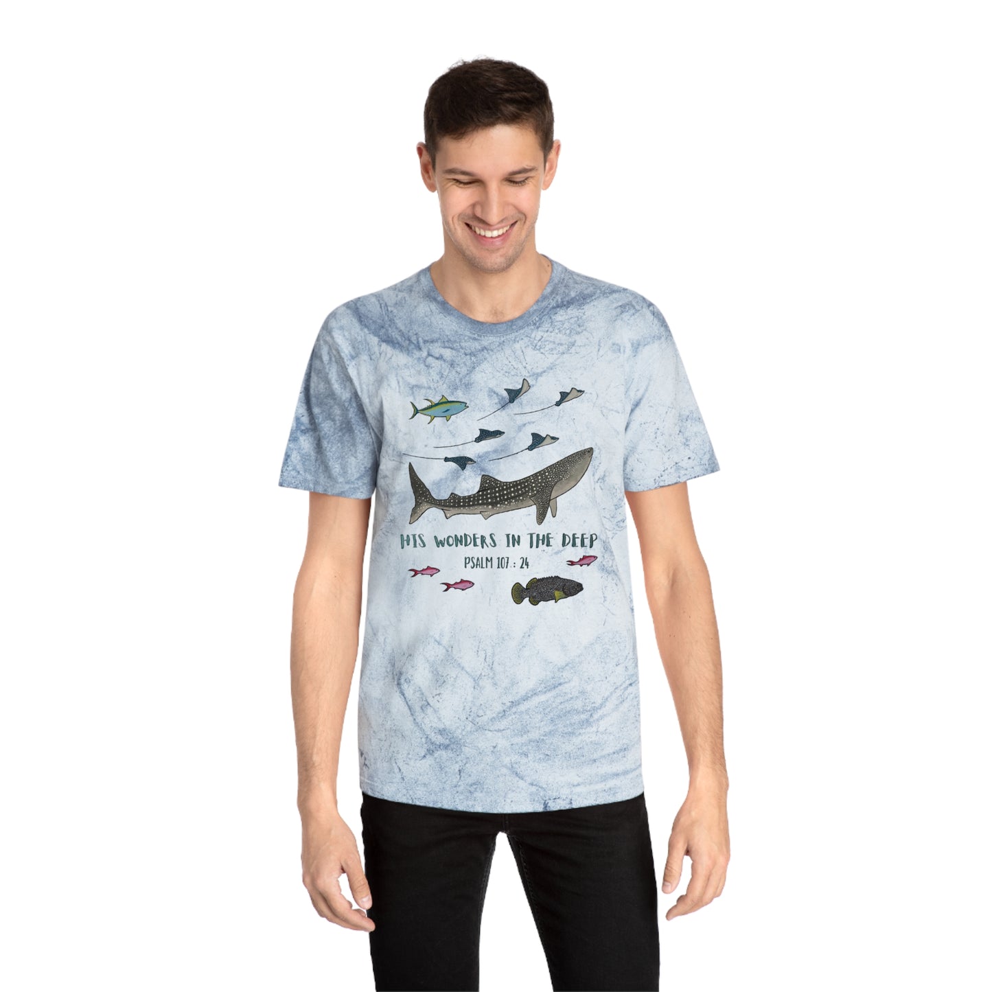 Whale Shark Bible Verse Tee. Christian Apparel. Color Blast Dye. Psalm 107:24.