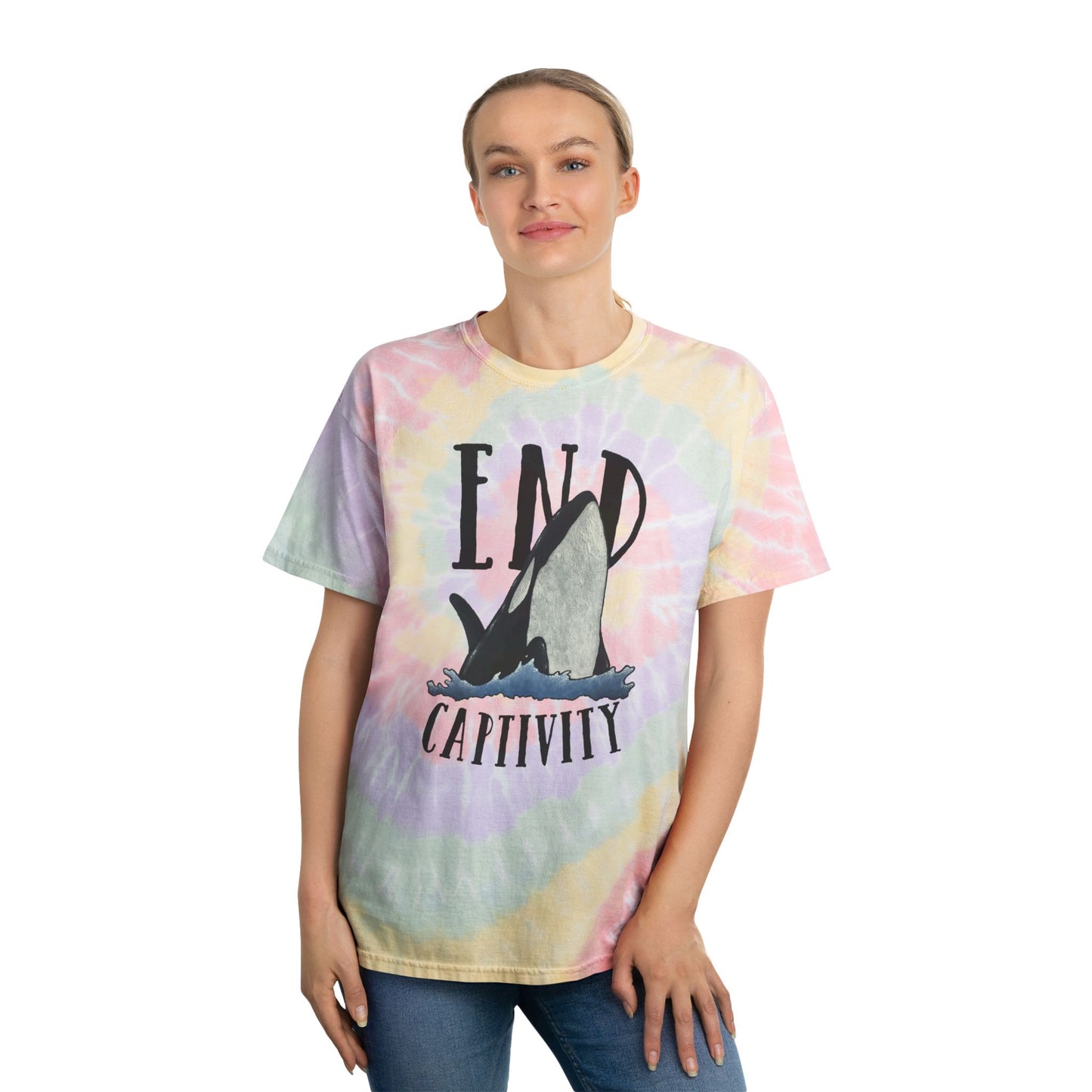 Orca End Captivity Tee. Conservation Apparel. Rainbow Spiral Tie Dye.