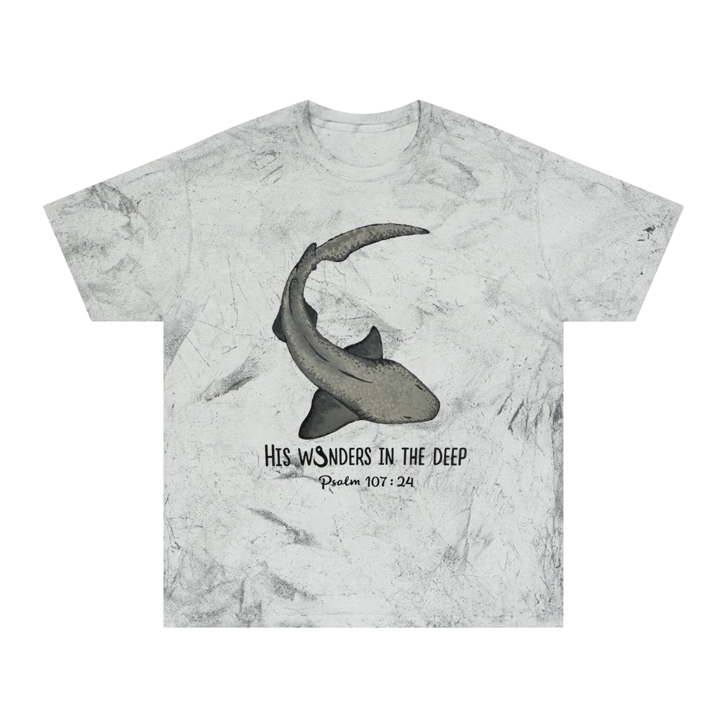 Nurse Shark Bible Verse Tee. Christian Apparel. Color Blast Dye. Psalm 107:24.