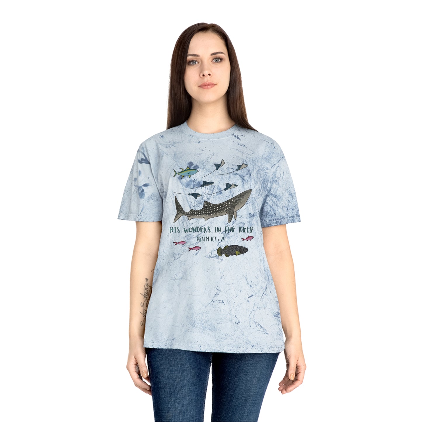 Whale Shark Bible Verse Tee. Christian Apparel. Color Blast Dye. Psalm 107:24.