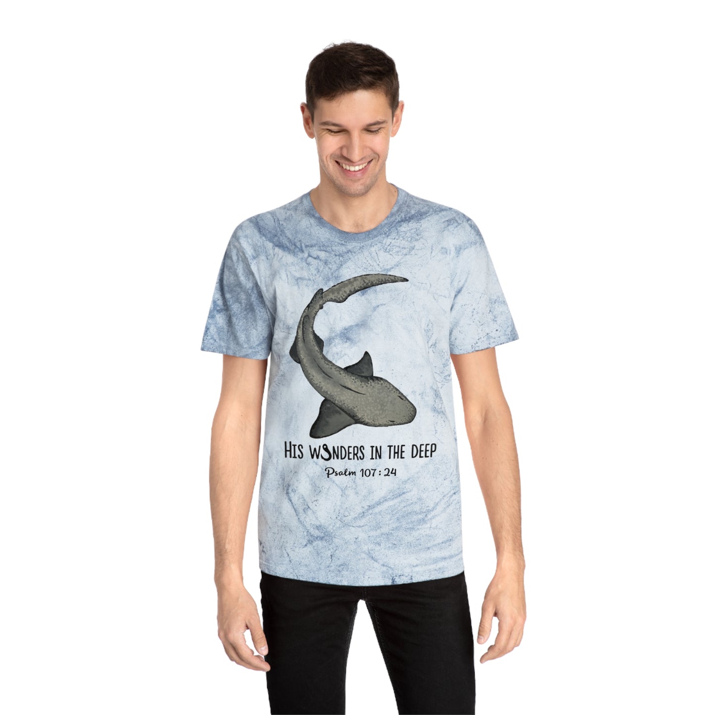 Nurse Shark Bible Verse Tee. Christian Apparel. Color Blast Dye. Psalm 107:24.