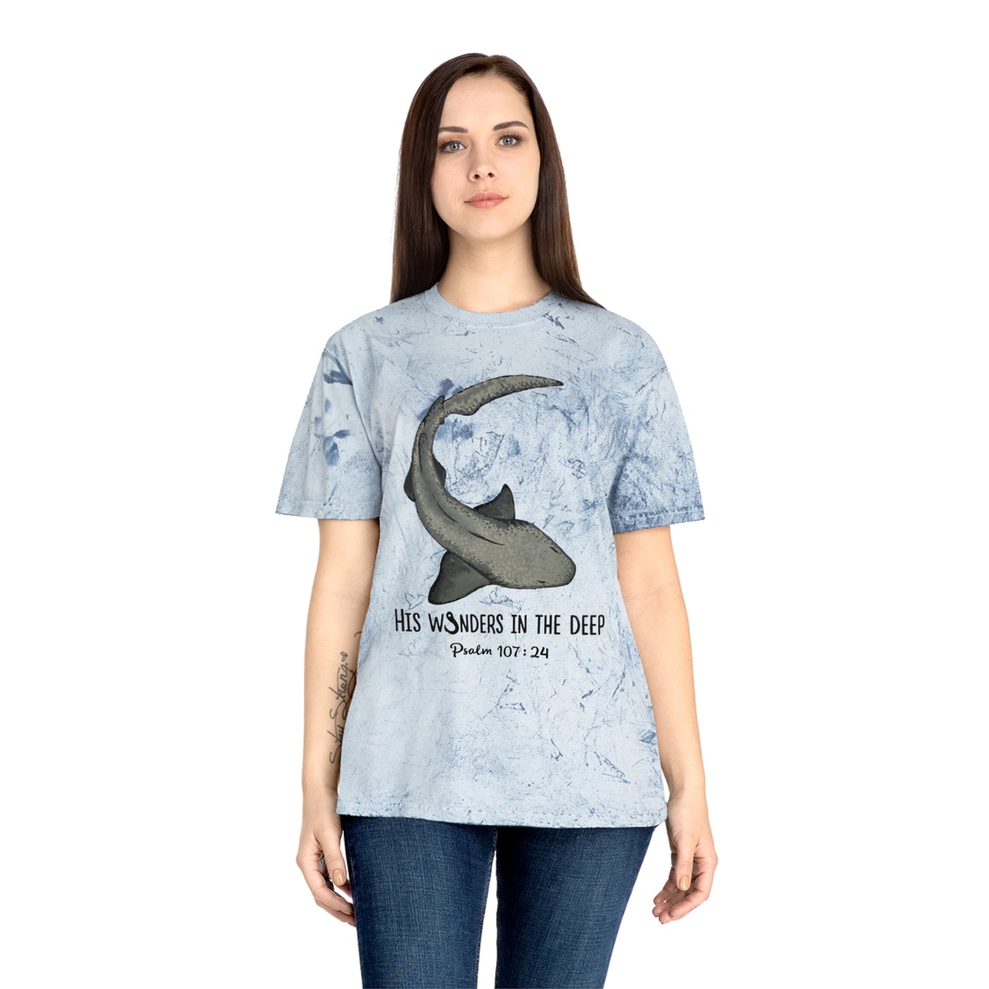 Nurse Shark Bible Verse Tee. Christian Apparel. Color Blast Dye. Psalm 107:24.