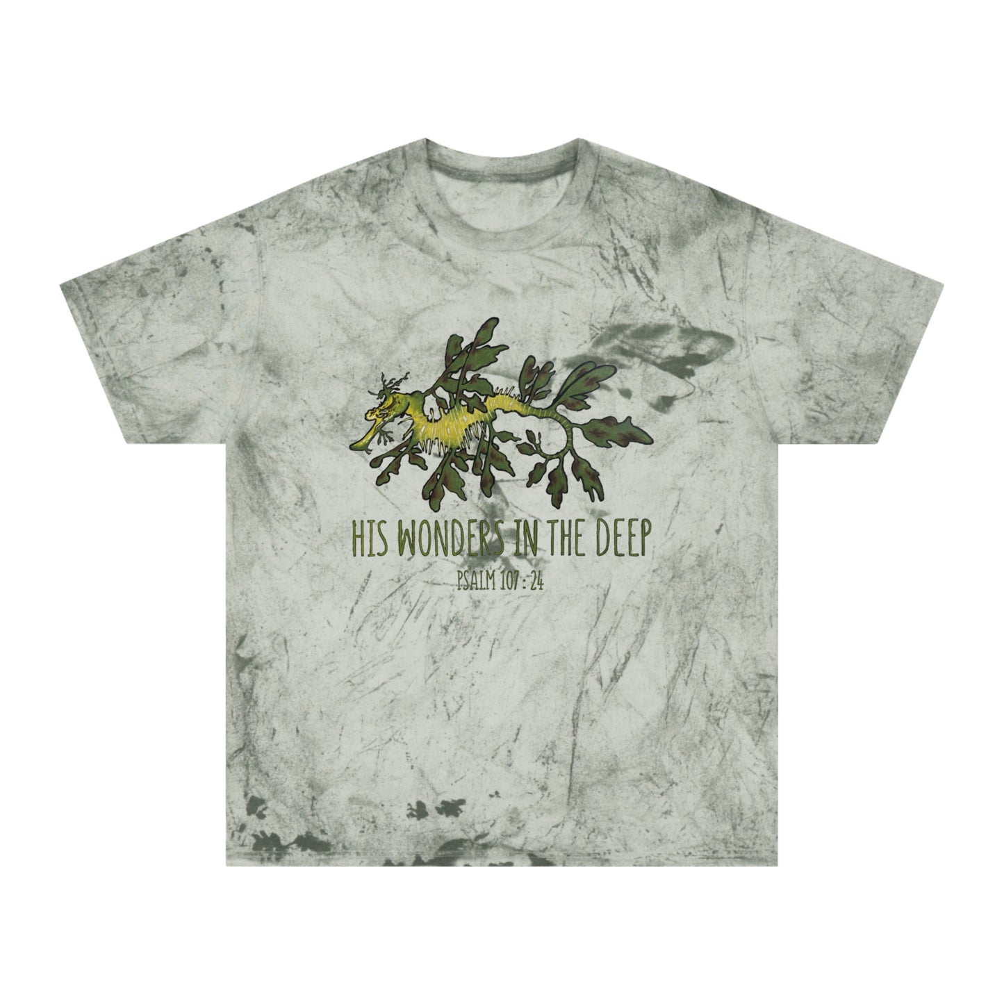 Leafy Sea Dragon Bible Verse Tee. Christian Apparel. Color Blast Dye. Psalm 107:24.