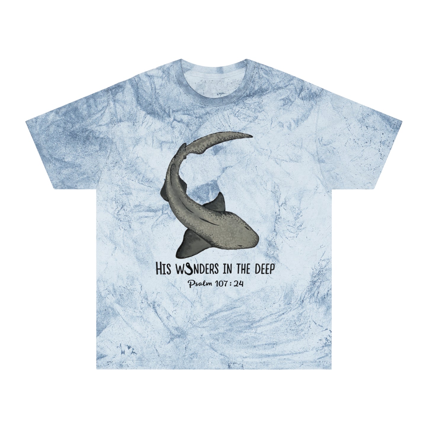 Nurse Shark Bible Verse Tee. Christian Apparel. Color Blast Dye. Psalm 107:24.