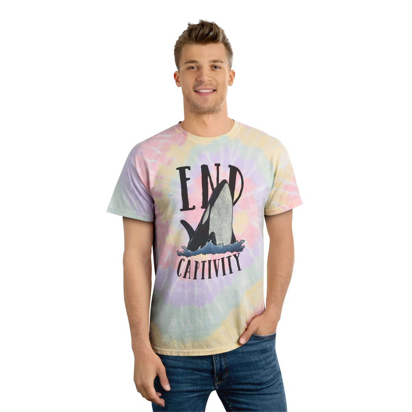 Orca End Captivity Tee. Conservation Apparel. Rainbow Spiral Tie Dye.