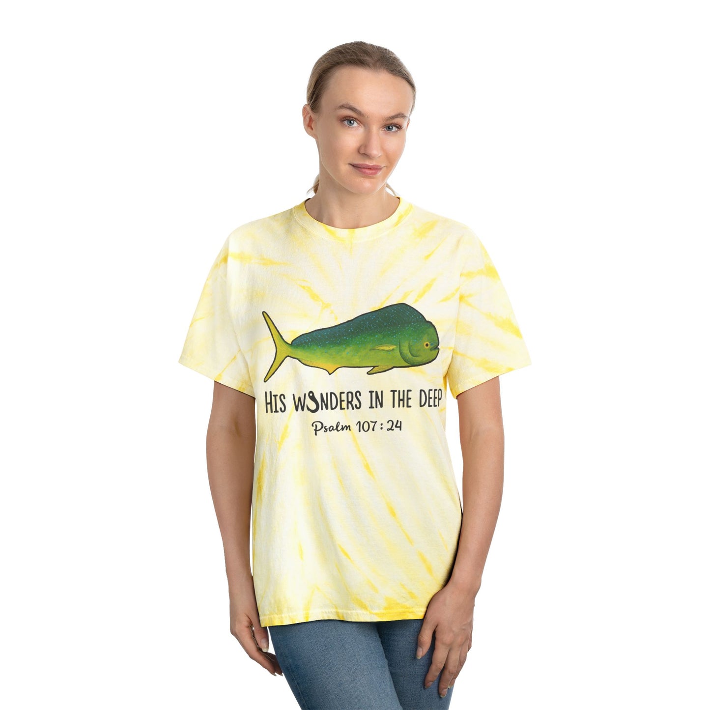Mahi Mahi Bible Verse Tee. Christian Apparel. Cyclone Tie Dye. Psalm 107:24.