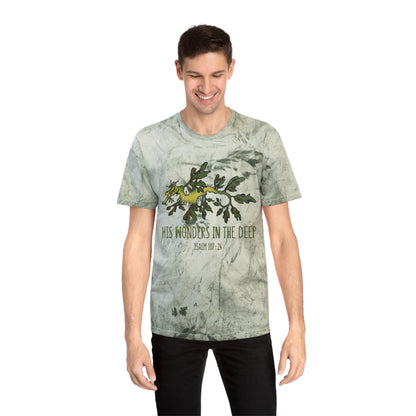 Leafy Sea Dragon Bible Verse Tee. Christian Apparel. Color Blast Dye. Psalm 107:24.