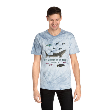 Whale Shark Bible Verse Tee. Christian Apparel. Color Blast Dye. Psalm 107:24.