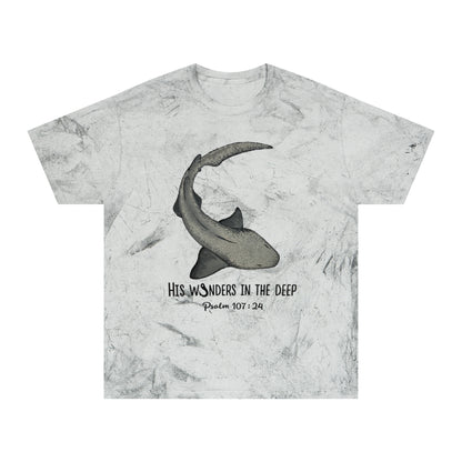 Nurse Shark Bible Verse Tee. Christian Apparel. Color Blast Dye. Psalm 107:24.