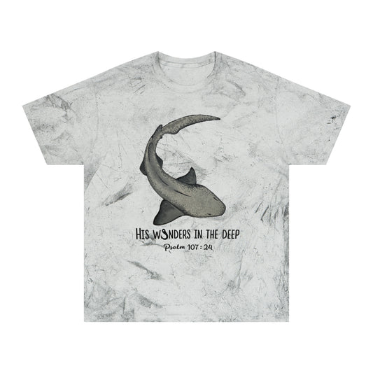 Nurse Shark Bible Verse Tee. Christian Apparel. Color Blast Dye. Psalm 107:24.