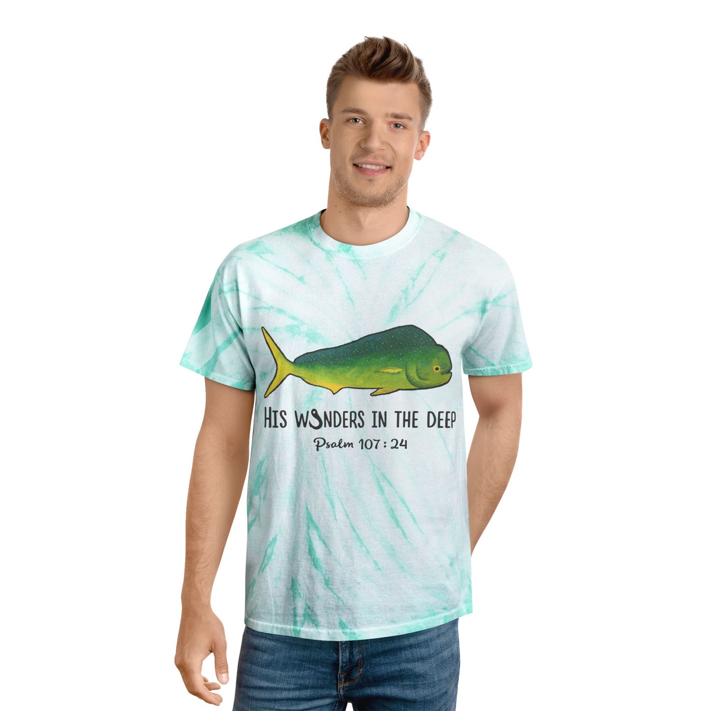 Mahi Mahi Bible Verse Tee. Christian Apparel. Cyclone Tie Dye. Psalm 107:24.