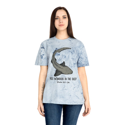 Nurse Shark Bible Verse Tee. Christian Apparel. Color Blast Dye. Psalm 107:24.