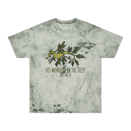 Leafy Sea Dragon Bible Verse Tee. Christian Apparel. Color Blast Dye. Psalm 107:24.