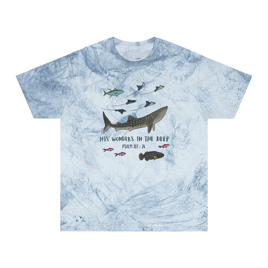 Whale Shark Bible Verse Tee. Christian Apparel. Color Blast Dye. Psalm 107:24.