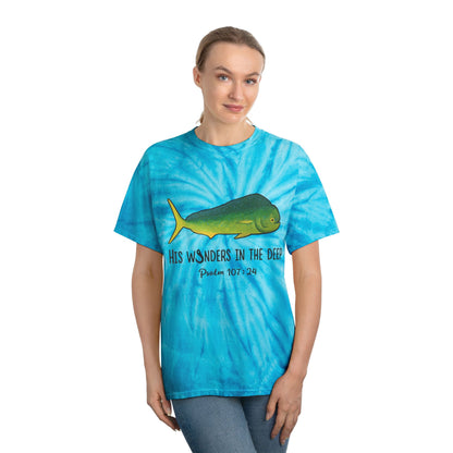 Mahi Mahi Bible Verse Tee. Christian Apparel. Cyclone Tie Dye. Psalm 107:24.