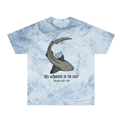 Nurse Shark Bible Verse Tee. Christian Apparel. Color Blast Dye. Psalm 107:24.
