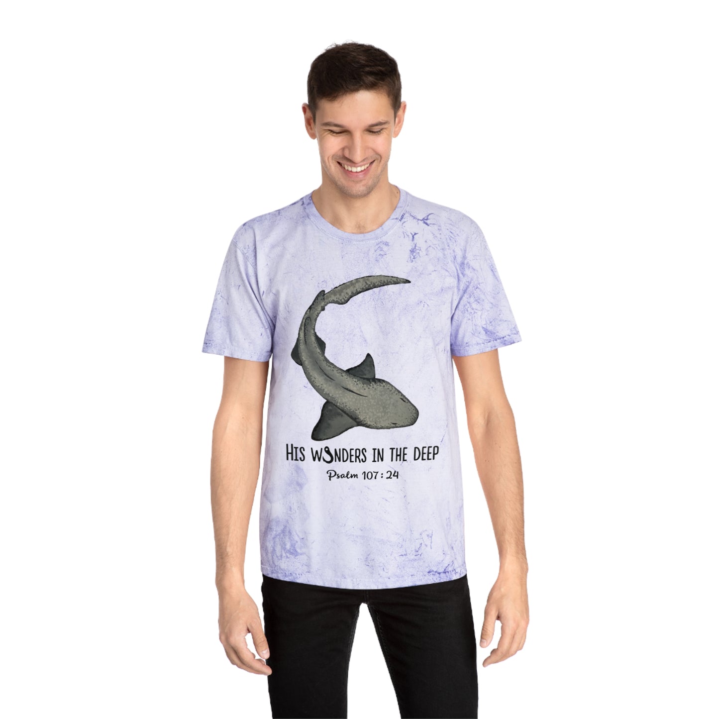 Nurse Shark Bible Verse Tee. Christian Apparel. Color Blast Dye. Psalm 107:24.