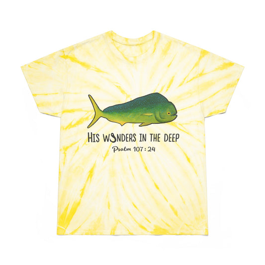 Mahi Mahi Bible Verse Tee. Christian Apparel. Cyclone Tie Dye. Psalm 107:24.